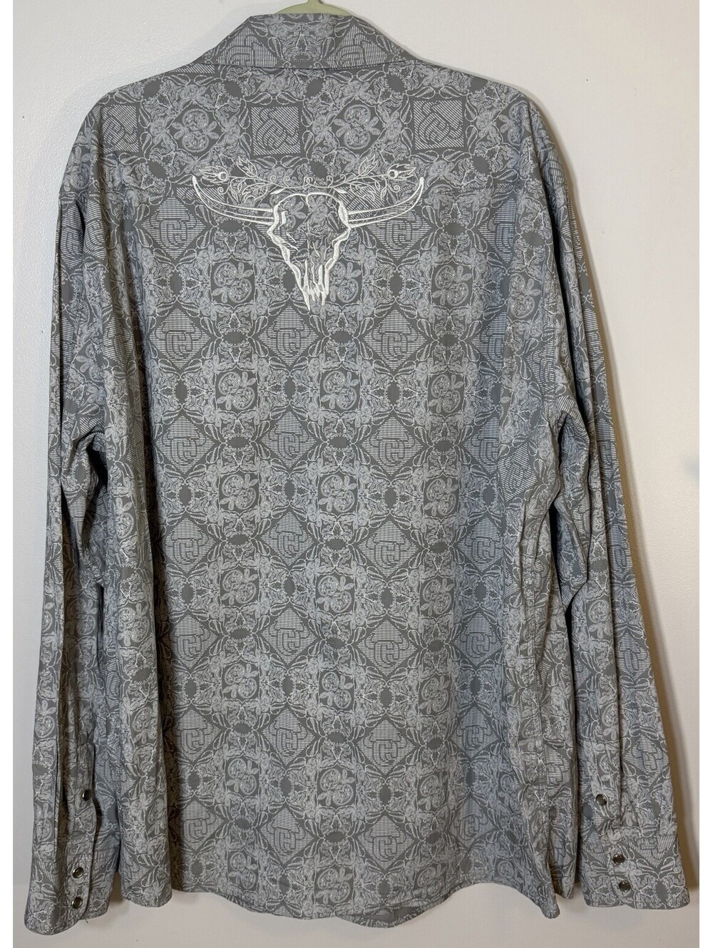 Cowboy Hardware Shirt Men’s 2XL Gray Skull Embroidered Western Snap Long Sleeve